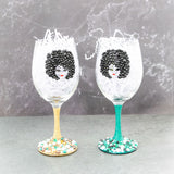 Afro Women Pearl and Rhinestone Stemmed Wine Glasses
