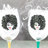 Afro Women Pearl and Rhinestone Stemmed Wine Glasses