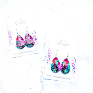 Eve Teardrop Earrings in Purple, Pink, Orange, and Teal Leopard Print