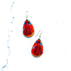 Eve Teardrop Tassel Earrings in Red Orange, and Blue with Red Tassel