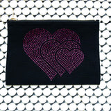 Three Embedded Heart Rhinestone Pouch and Makeup Bag