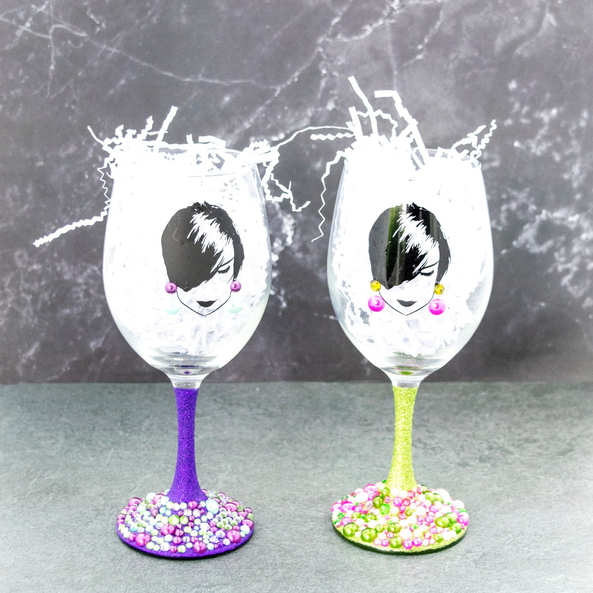 DIY glitter wine glasses with rhinestone accent